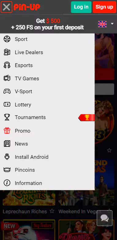 Pin Up Casino app menu.