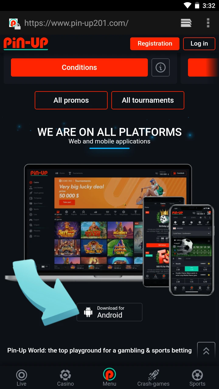 Click on the download button for the Pin-Up Casino app in India.