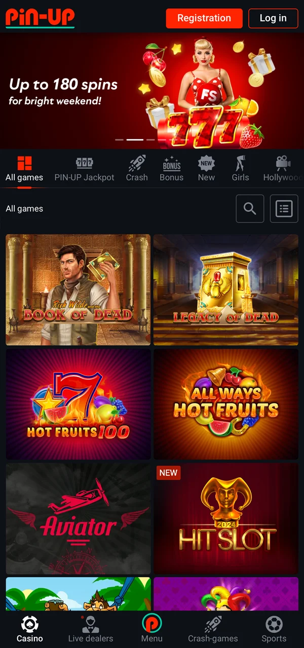 Demonstration of a wide selection of casino games on the Pin-Up app.