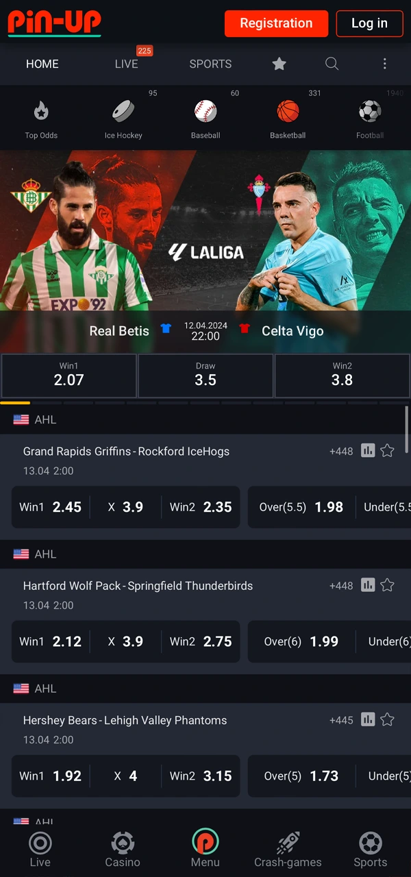 Demonstration of the sports betting section in the Pin-Up Casino app.
